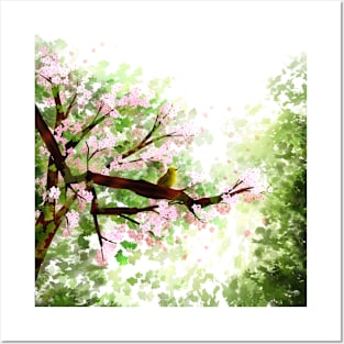 A flowering tree in the warmth with a bird on a branch Posters and Art